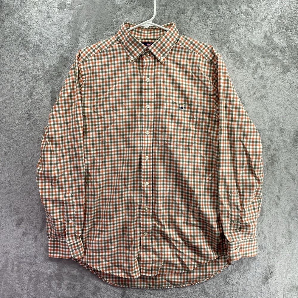 Vineyard Vines Slim Fit Tucker Shirt Men's Medium Orange Green Plaid Cotton EUC
